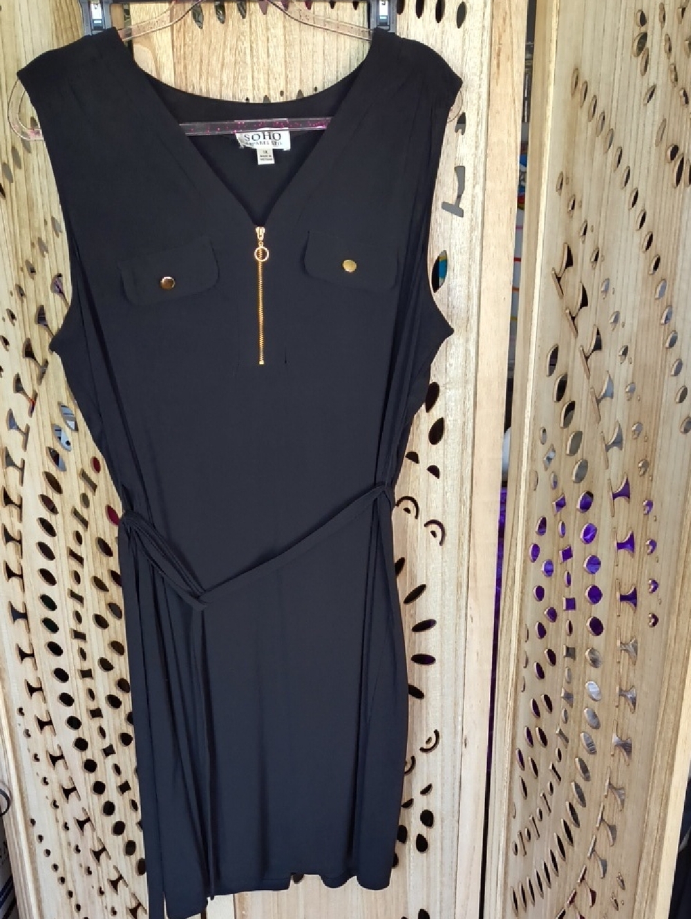 Soho Black Sleeveless Midi Dress with Gold Zip Detail